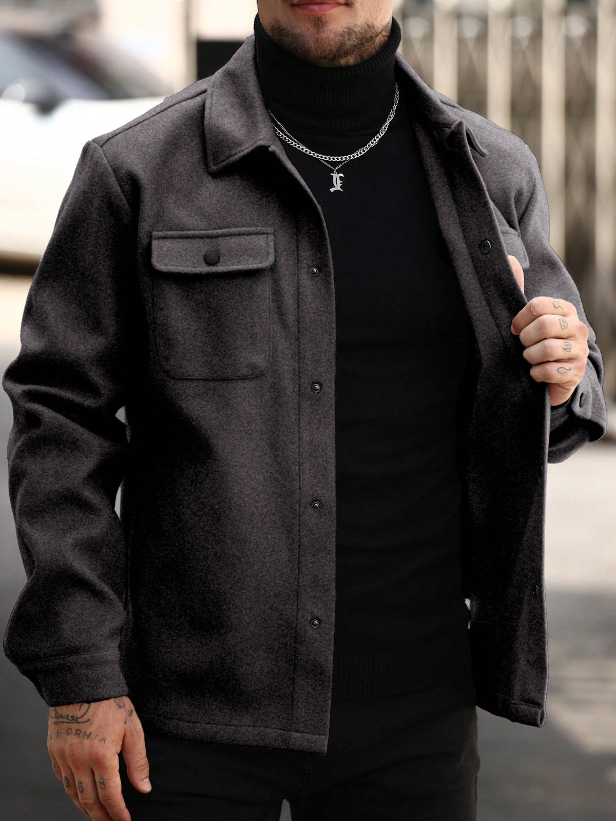 Men's Button-Front Overshirt Jacket with Flap Chest Pockets in Dark Grey