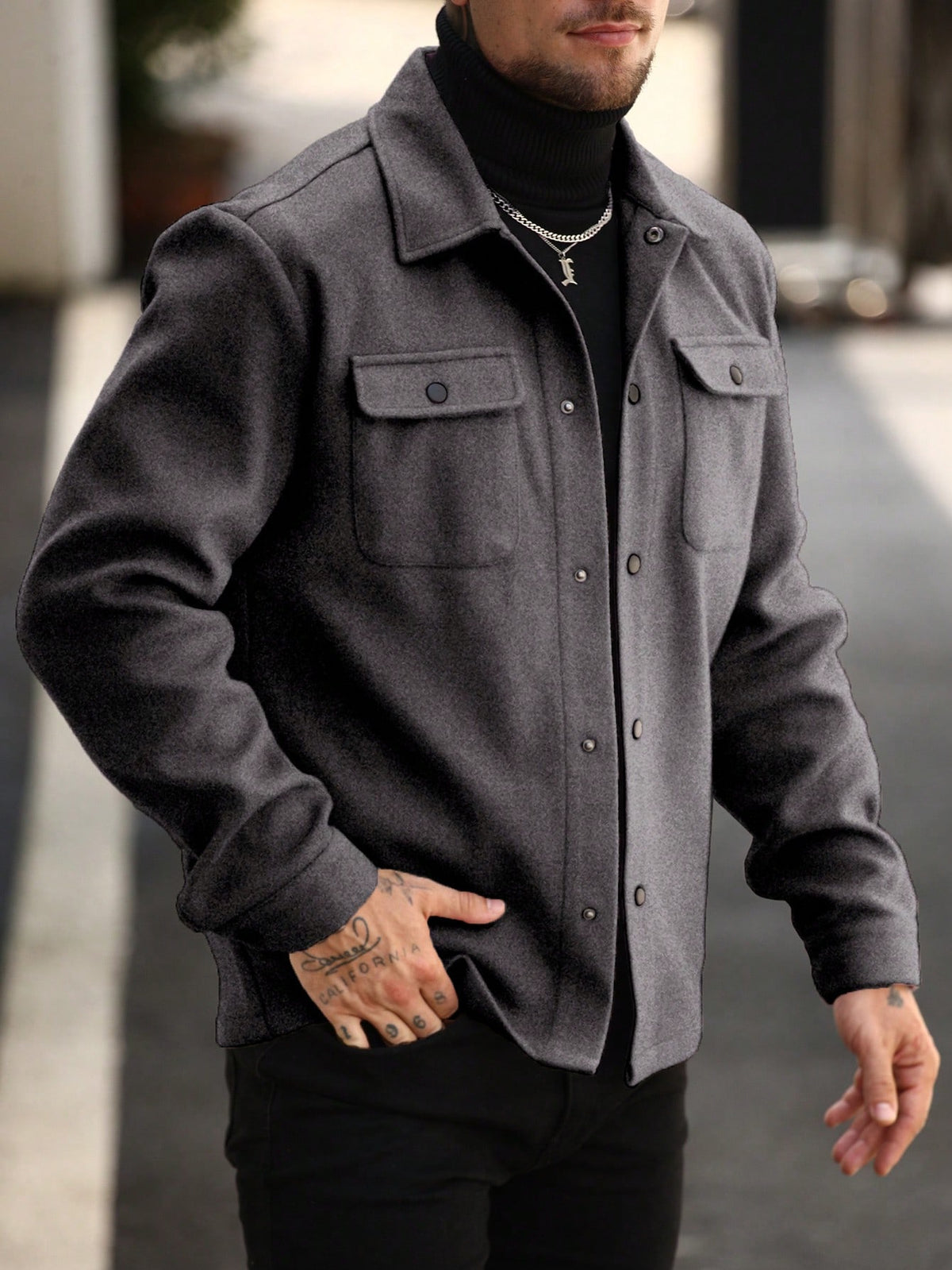Men's Button-Front Overshirt Jacket with Flap Chest Pockets in Dark Grey