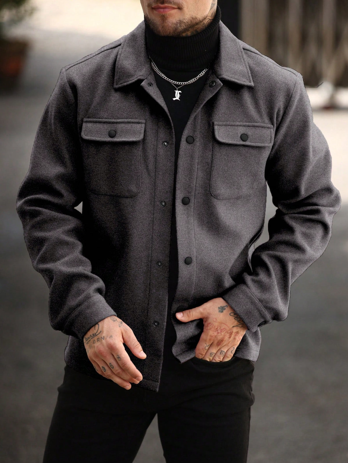 Men's Button-Front Overshirt Jacket with Flap Chest Pockets in Dark Grey