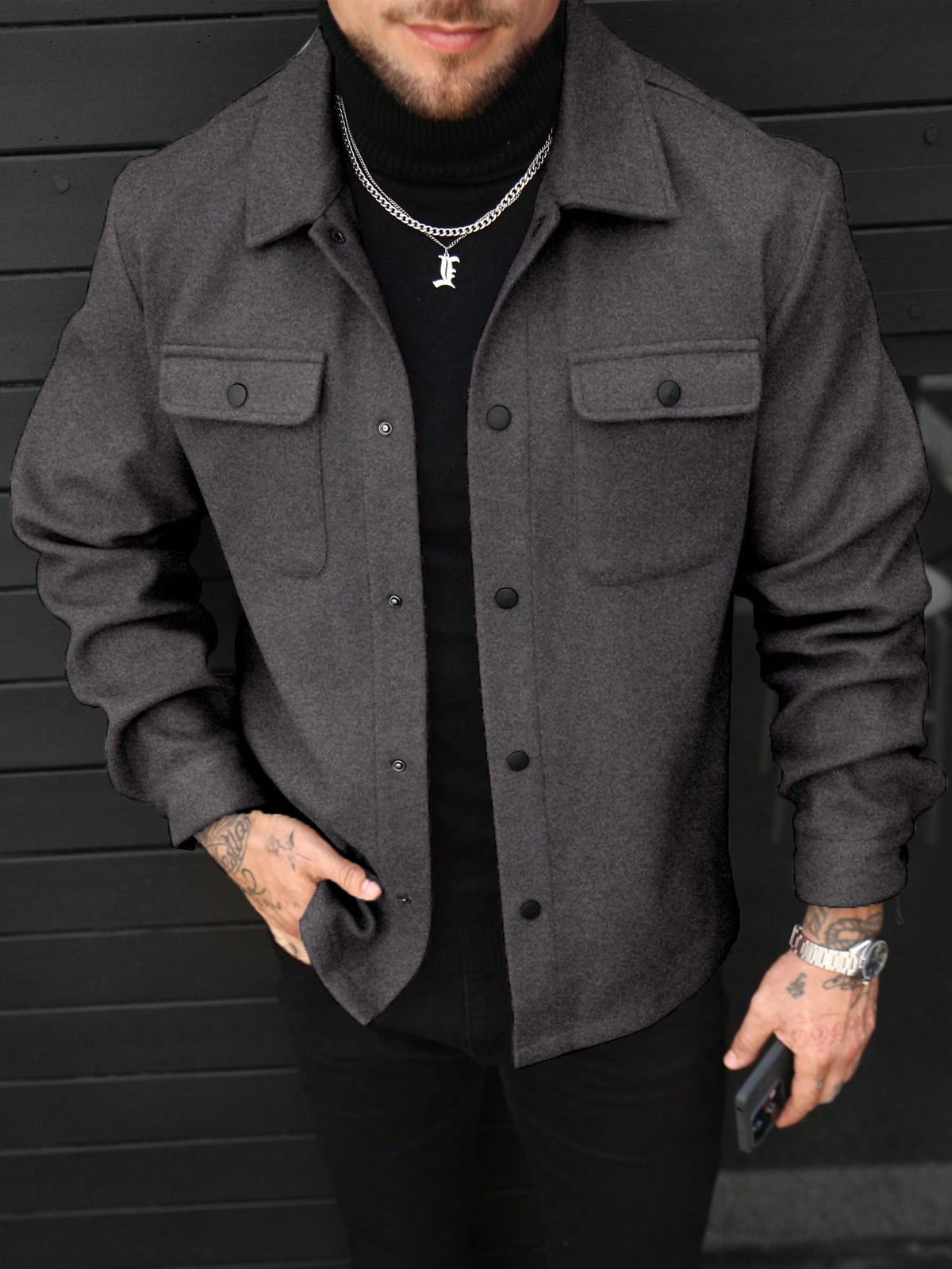 Men's Button-Front Overshirt Jacket with Flap Chest Pockets in Dark Grey