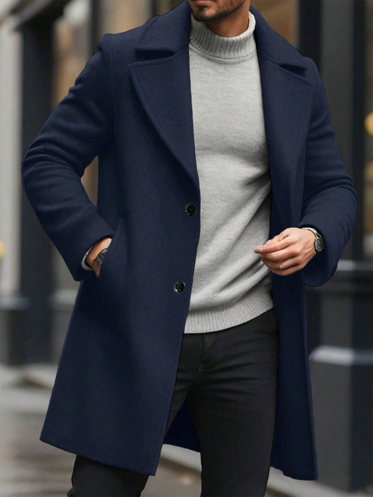 Men's Single-Breasted Longline Overcoat with Notch Lapels in Navy
