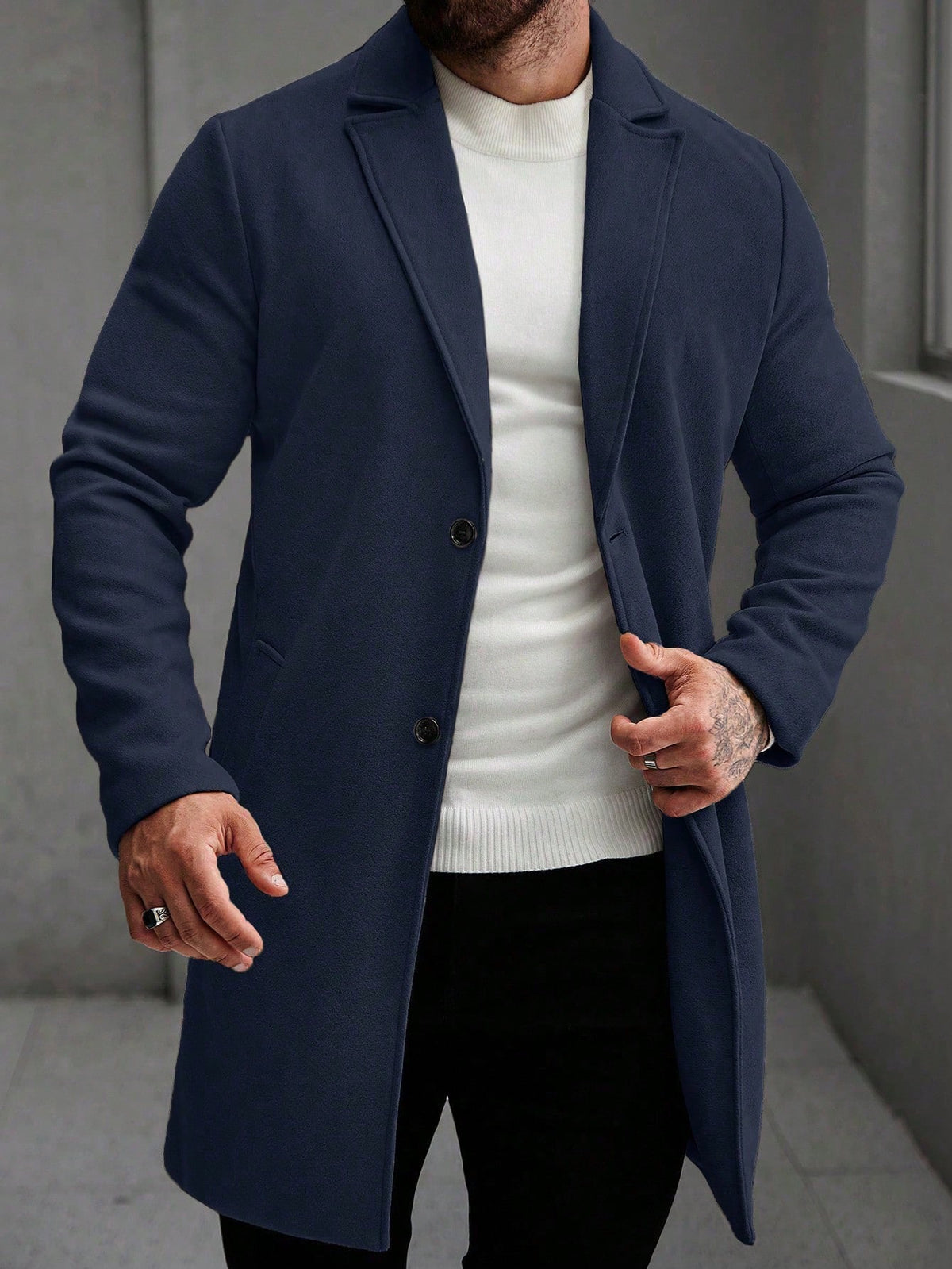 Men's Single-Breasted Longline Overcoat with Notch Lapels in Navy