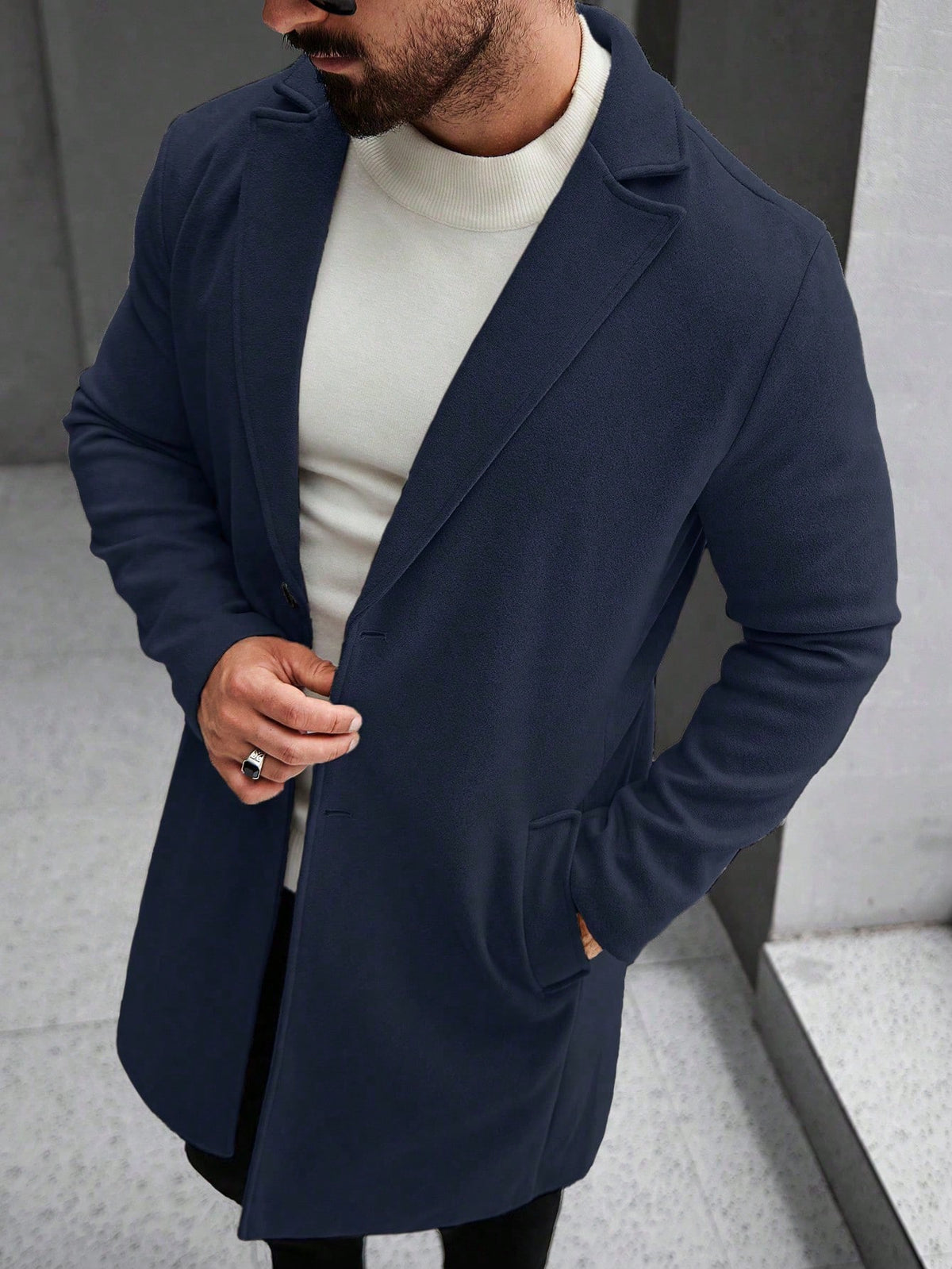 Men's Single-Breasted Longline Overcoat with Notch Lapels in Navy