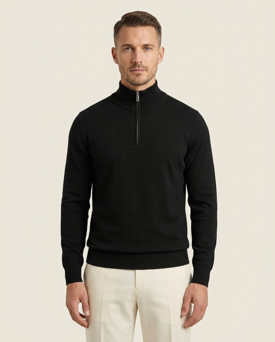Men's Half-Zip Knitted Jumper with Stand Collar, worn by a model