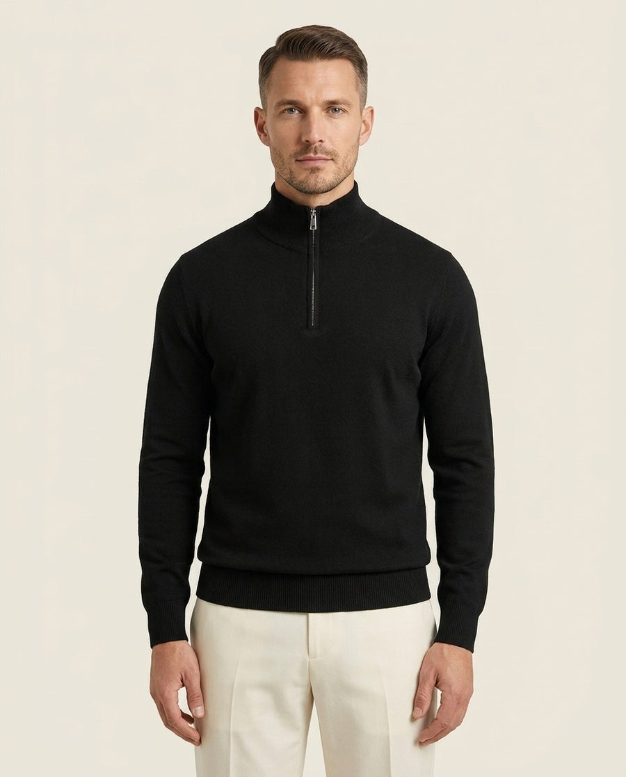 Men's Half-Zip Knitted Jumper with Stand Collar, worn by a model