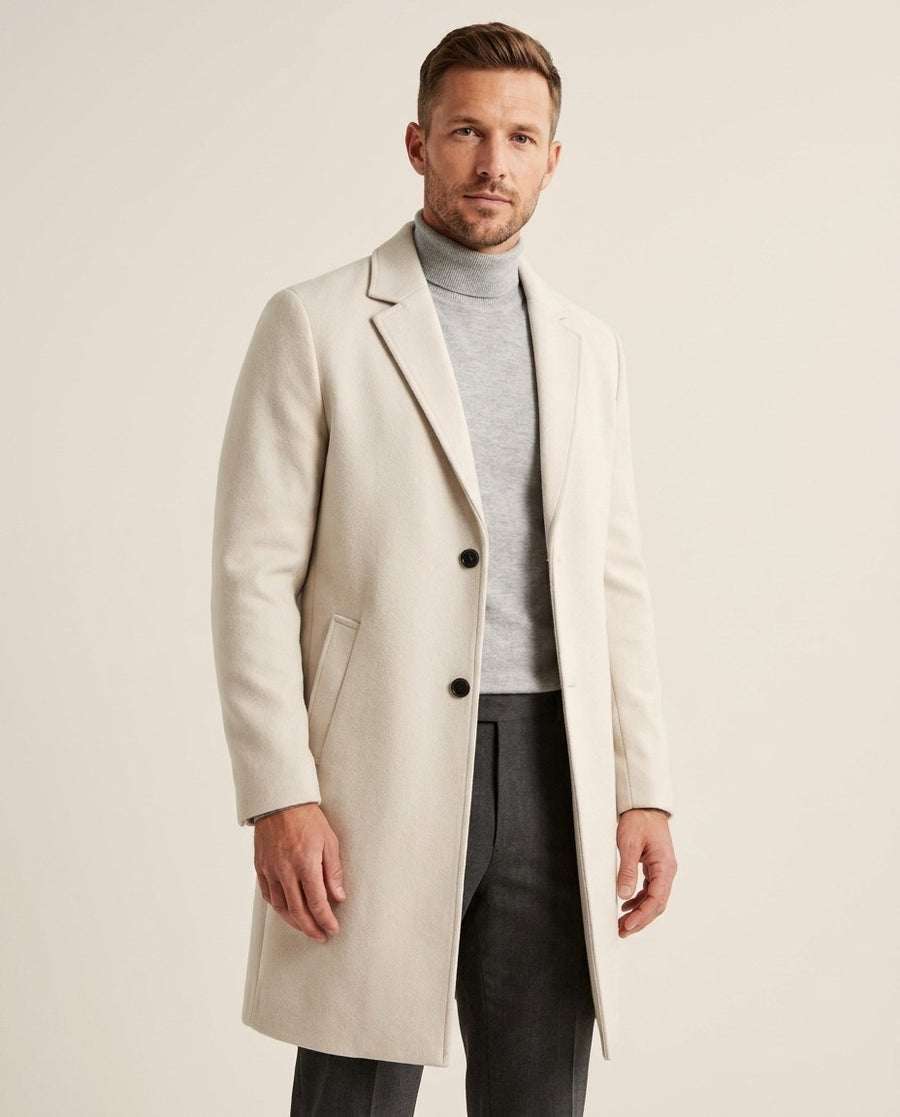 Men's Single-Breasted Longline Overcoat with Notch Lapels, worn by a model